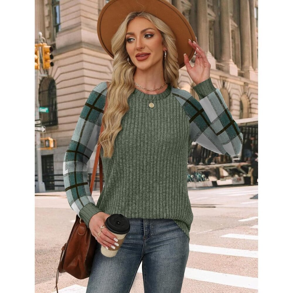 Women's green Plaid  Color Block Long Sleeve Shirt Lightweight Sweater - Picture 4 of 5